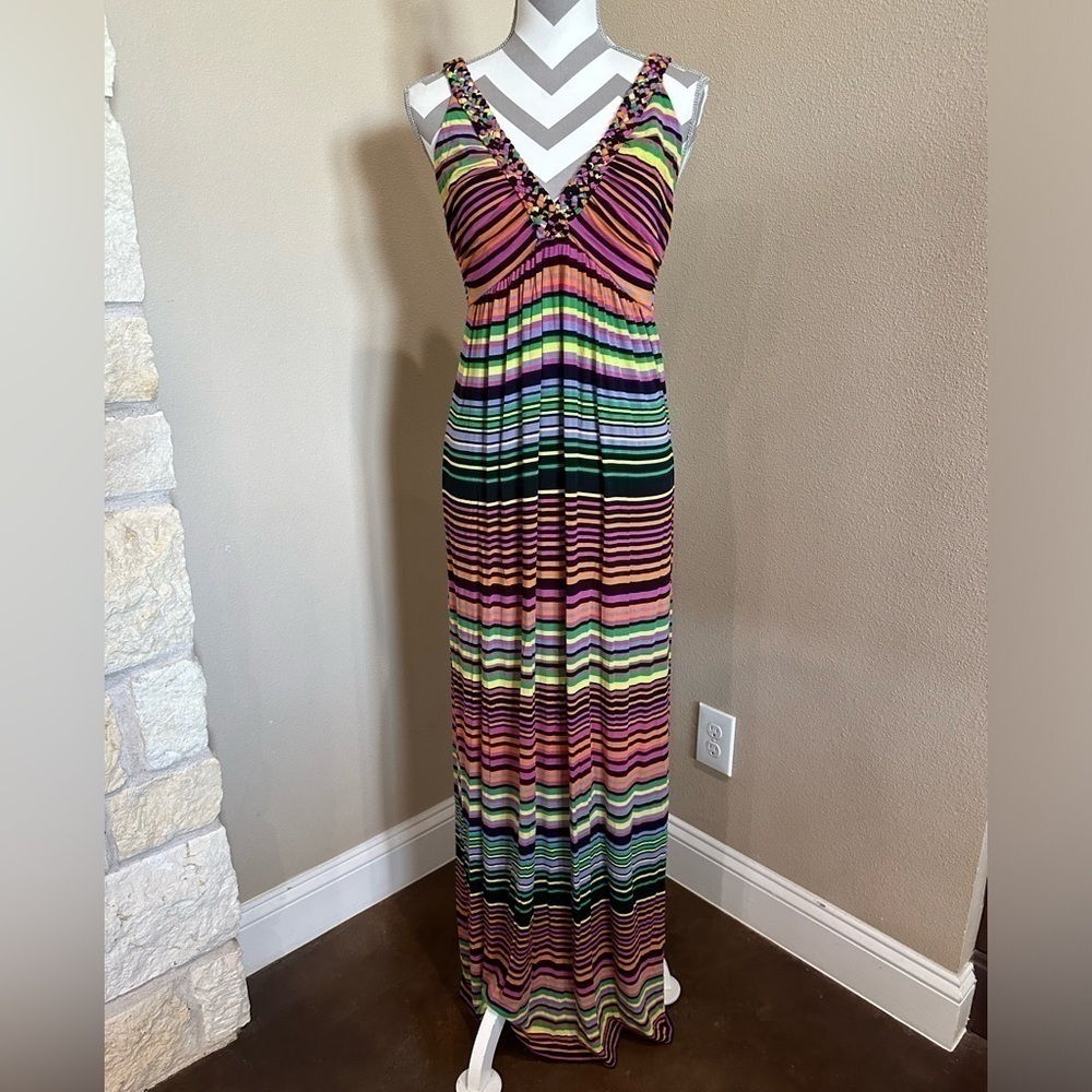 PHILOSOPHY Colorful Striped Maxi Dress with Braided Straps and Neckline, EUC!